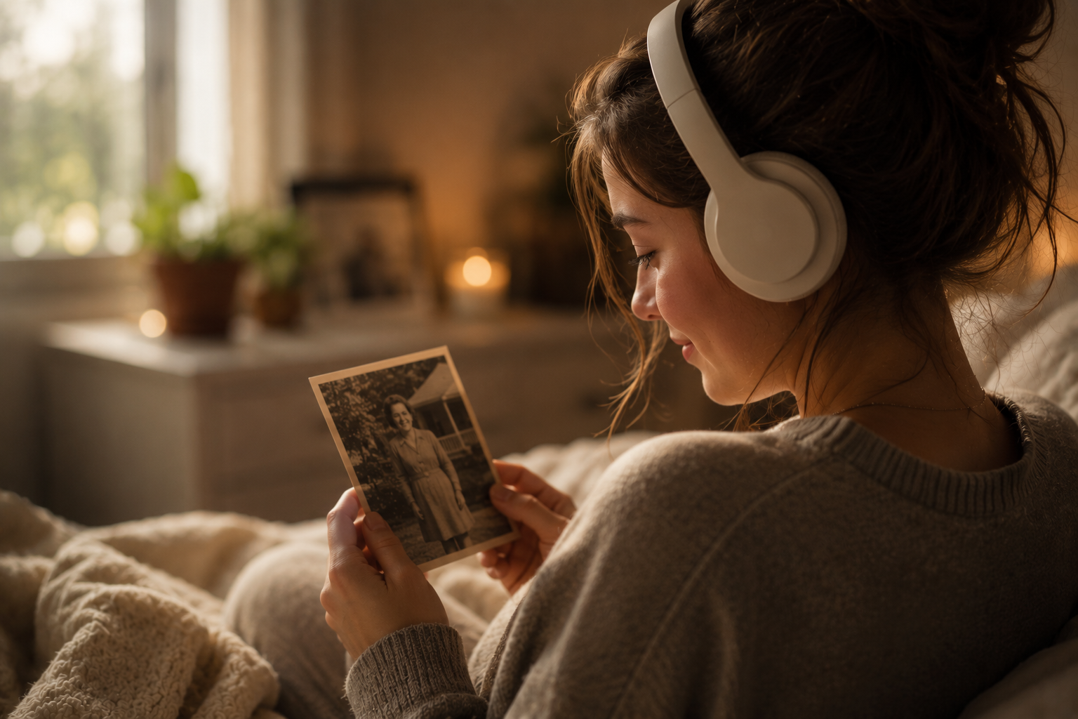 A woman listening to a recorded family memory while holding an old photograph.
