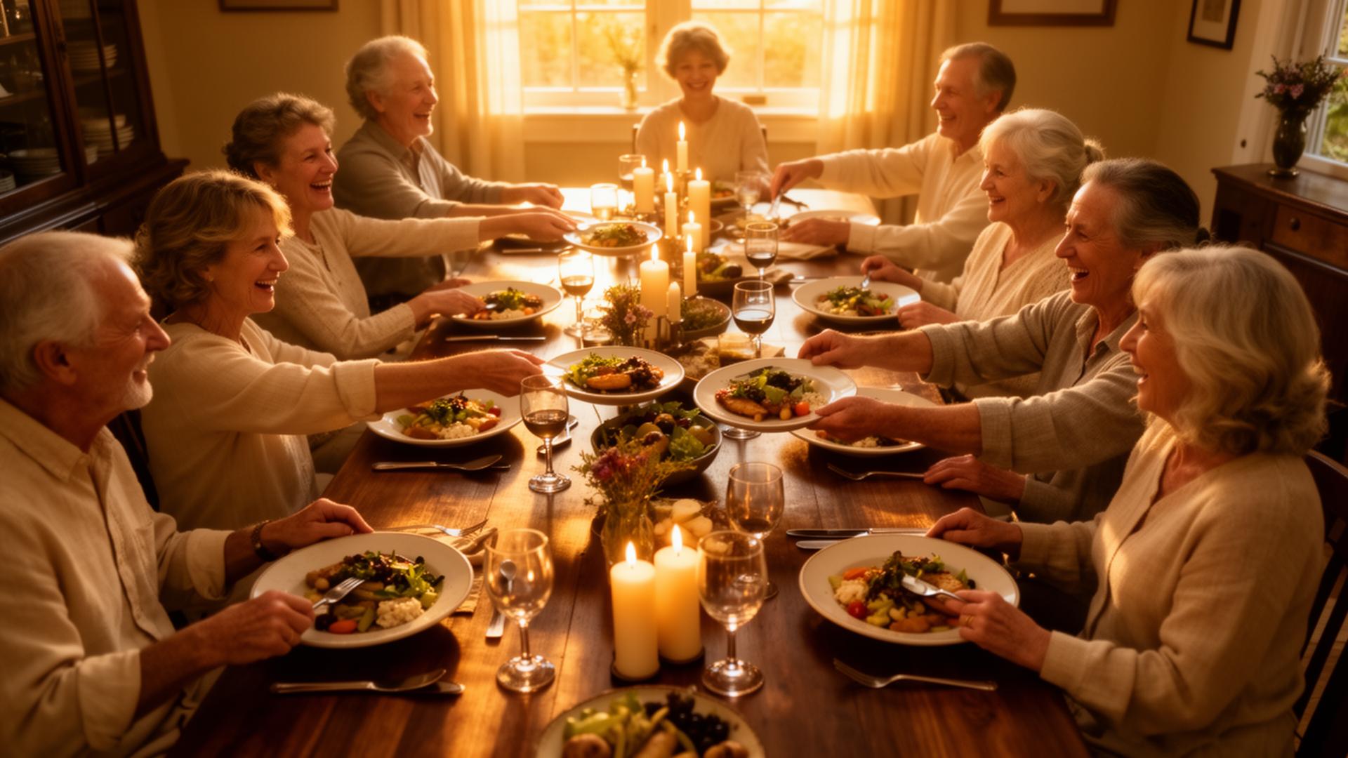 A family gathering at a long table.