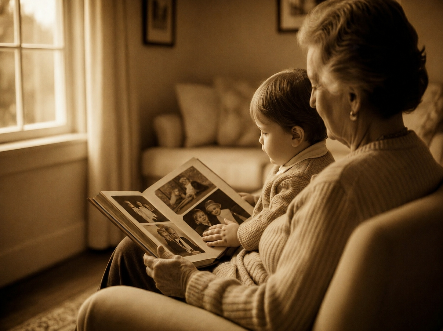 A grandparent and grandchild looking through a family album.