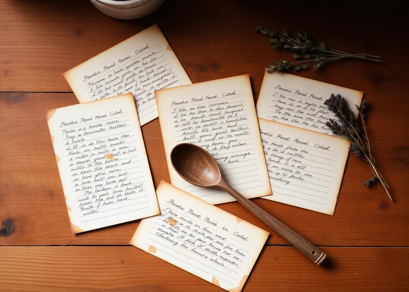 Handwritten recipe cards on a wooden table.
